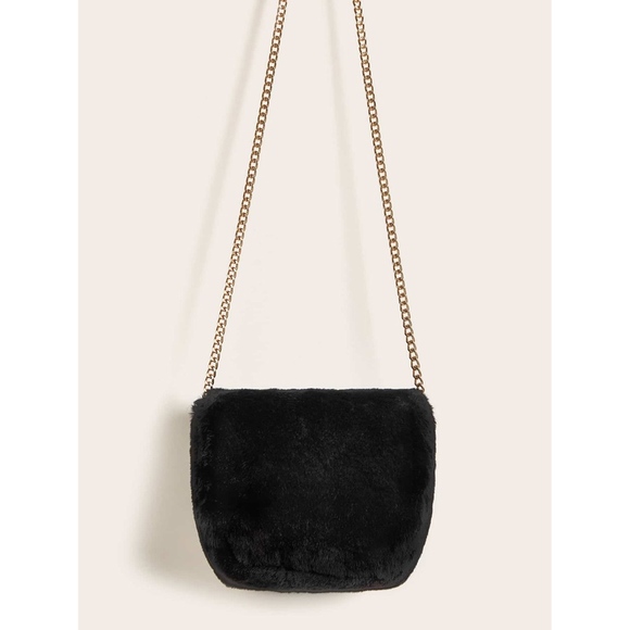 Black Faux Fur Metal Lock Chain Crossbody Bag - Picture 5 of 6